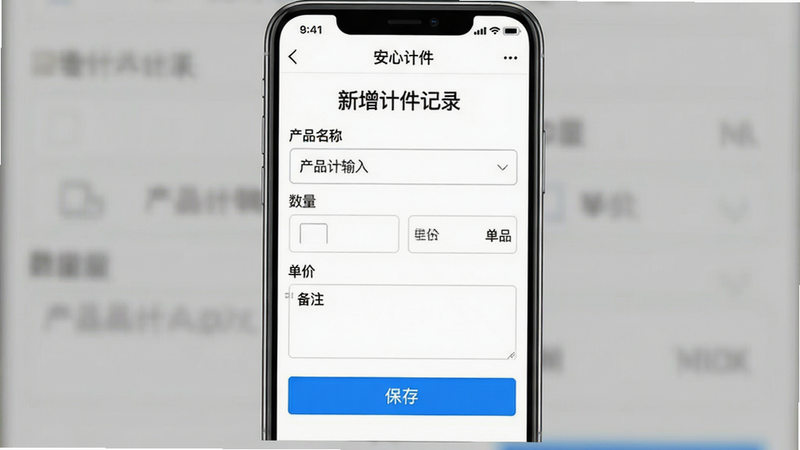 一张手机截图,展示“安心计件”的计件录入界面。主体为录入表单,上方有“新增计件记录”标题,下方依次有产品名称输入框(下拉选择)、数量输入框、单价显示、备注栏,底部有“保存”按钮。界面简洁,白色背景,蓝色按钮,字体清晰。画质干净,无多余元素。