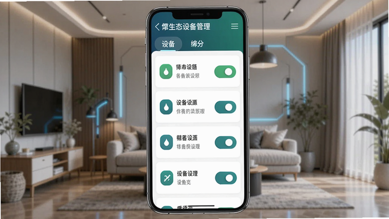 ����̬�豸�������棬�ֻ���Ļ��ʾ�Ѱ󶨵��豸�б���ÿ���豸�п��غͿ��ư�ť������Ϊ�Ҿӳ������Ƽ��з������ͼ�꣬
