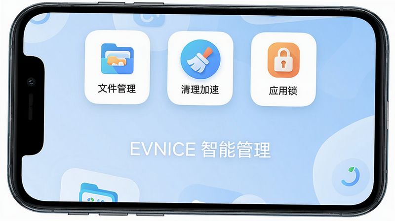 EVNICE软件主界面全貌预览图,手机屏幕居中显示,上方为“文件管理”“清理加速”“应用锁”三个大图标,背景淡蓝色渐变,UI圆角卡片风格,画质高清干净,无多余元素,文字标注“EVNICE 智能管理”