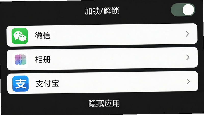 EVNICE应用锁设置页面,展示已加锁的应用列表(微信、相册、支付宝),顶部有“加锁/解锁”开关,底部为“隐藏应用”选项,界面以深色模式呈现,安全感十足,画质干净,无多余元素