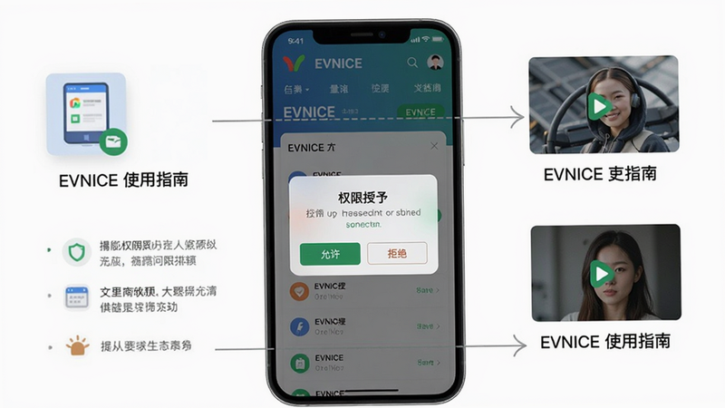 EVNICE使用指南配图,一张手机屏幕截图显示“权限授予”弹窗,下方有“允许”“拒绝”按钮,背景为EVNICE主界面,画质清晰,图文并茂,无多余元素