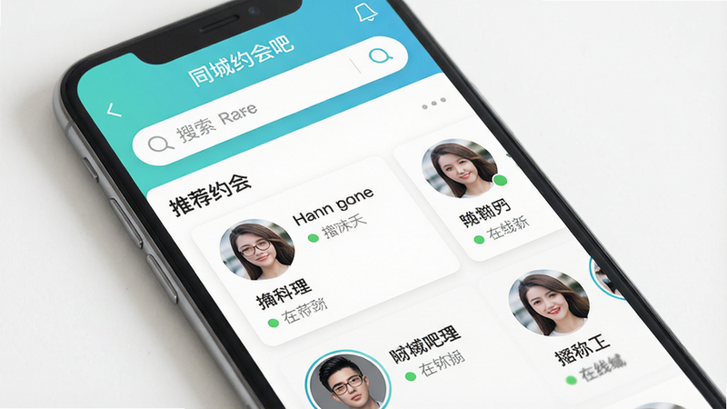生成一张展示同城约会吧软件首页的图片,主体为手机屏幕显示应用界面,布局上方有搜索栏和推荐用户列表,排版整洁,风格清新明亮,细节包括用户头像、昵称和在线状态,画质高清,干净无多余元素,文字标注‘同城约会吧’。