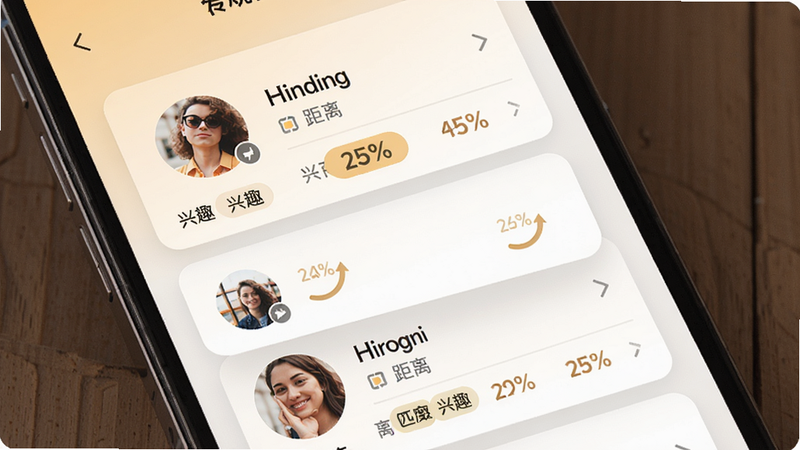 展示同城约会吧智能匹配界面的图片,主体为手机屏幕显示多个用户卡片,布局滑动式,每个卡片有头像、昵称、距离和兴趣标签,风格现代简约,颜色温暖,细节高亮匹配度百分比,画质清晰,干净无多余元素。
