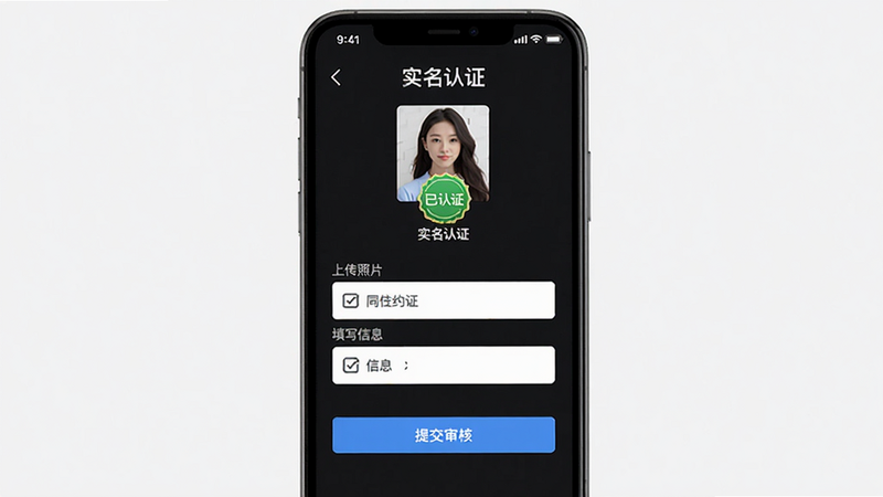 展示同城约会吧身份认证页面的图片,主体为手机屏幕显示认证流程,布局从上到下包括上传照片、填写信息、提交审核等步骤,风格简洁明了,细节有‘已认证’徽章图标,画质高清,干净无多余元素,文字标注‘实名认证’。