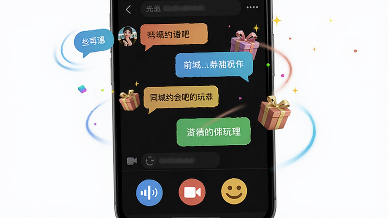 展示同城约会吧互动玩法界面的图片,主体为手机屏幕显示聊天窗口和功能按钮,布局底部有语音、视频、表情等图标,风格活泼,细节有动态气泡和礼物特效,画质高清,干净无多余元素。