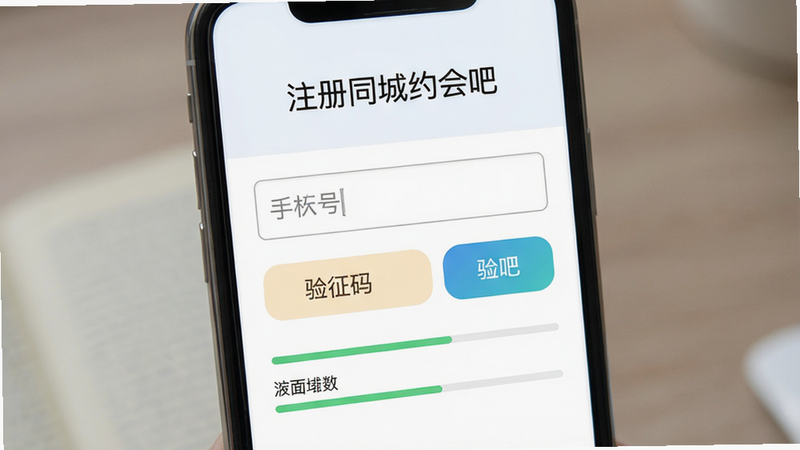 展示同城约会吧注册界面的图片,主体为手机屏幕显示注册页面,布局有手机号输入框和验证码按钮,风格简洁,细节有进度条提示,画质高清,干净无多余元素,文字标注‘注册同城约会吧’。