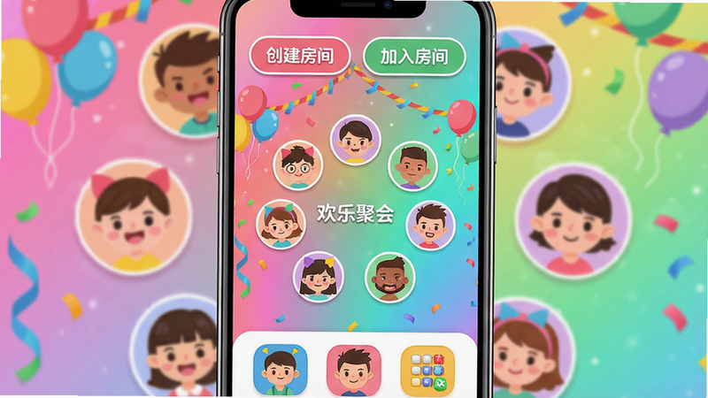主体:缤纷派对软件主界面,手机屏幕上显示一个色彩缤纷的派对房间,中间有多个卡通头像围成一圈,顶部有“创建房间”和“加入房间”按钮,底部有游戏列表图标;布局:居中对称,手机竖屏展示,UI元素清晰;排版:干净整洁,按钮圆角,文字使用白色黑体;风格:扁平化卡通风格,明亮活泼,糖果色渐变背景;细节:每个头像有不同表情,房间名显示“欢乐聚会”,背景有气球和彩带装饰;画质:高清细腻,无多余元素。