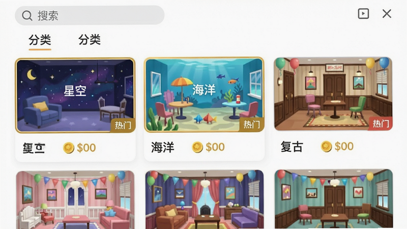 主体:缤纷派对装扮商城界面,网格展示多种房间主题皮肤缩略图,如“星空”、“海洋”、“复古”,每个缩略图下方有金币价格;布局:九宫格排列,顶部有搜索框和分类标签;排版:整齐网格,缩略图大小一致,白色背景;风格:UI扁平设计,图标简洁,色彩柔和;细节:选中的皮肤有金色边框,右下角显示“热门”标签;画质:清晰锐利,无模糊。