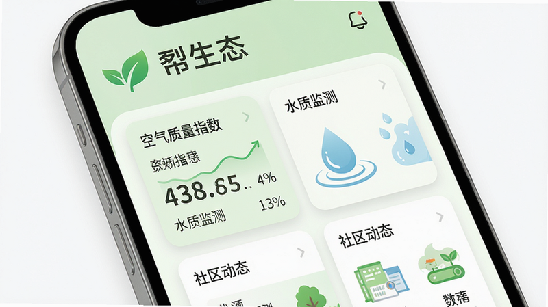 主体为一部智能手机屏幕,屏幕上显示懋生态APP主界面,顶部有“懋生态”品牌名称和绿叶图标,界面以浅绿色和白色为主,采用卡片式布局,展示“空气质量指数”、“水质监测”、“社区动态”等模块,背景为干净的纯色,整体风格清新简约,细节清晰,画质细腻,无多余元素。
