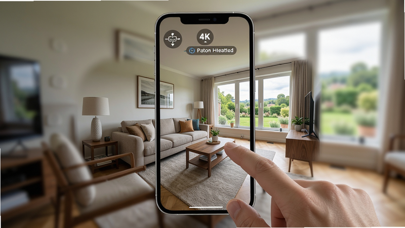 主体:VR看房场景,手机屏幕显示房间全景,用户手指滑动画面。布局:手机居中,屏幕内显示客厅全景视角。排版:画面顶部有陀螺仪图标和操作提示。风格:写实风格,光线自然。细节:家具纹理清晰,窗外有景色。画质:4K画质,无噪点。