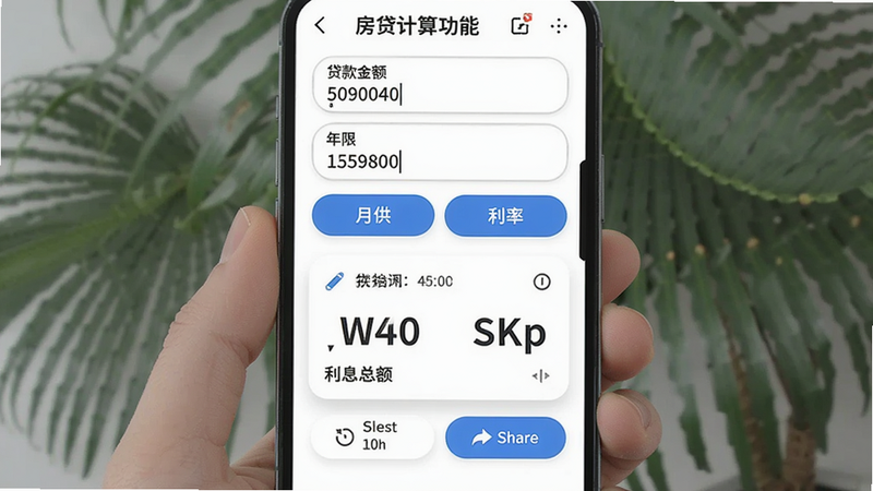 主体:手机界面展示房贷计算器功能,输入贷款金额、年限、利率,下方显示月供和利息总额。布局:竖向表单,结果区用卡片突出。排版:输入框圆角,按钮蓝色。风格:极简风格,数字用大号字体。细节:有重置和分享按钮。画质:高清,干净。