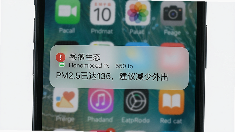 主体为手机锁屏界面弹出懋生态预警通知,顶部显示“懋生态”和红色警告图标,通知内容为“PM2.5已达135,建议减少外出”,背景是手机主屏幕,布局居中,风格写实,细节包括通知圆角卡片和英文字体,画质清晰干净。