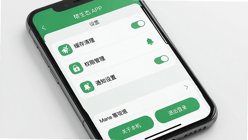 主体为手机屏幕显示懋生态APP的“设置”页面,列表中有“缓存清理”、“权限管理”、“通知设置”等选项,底部有“关于本机”和“退出登录”按钮,布局为列表式,风格简洁,绿色调,细节包括开关滑块和圆角图标,画质干净。