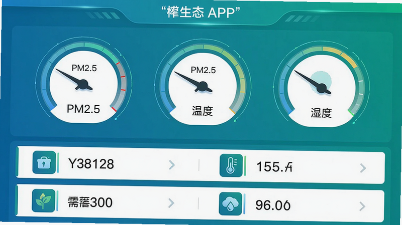 主体为懋生态APP的实时监测界面,布局为上下结构,上方是环形仪表盘,显示“PM2.5”“温度”“湿度”三个指针,下方是数据列表,每项带小图标和数值。颜色以蓝绿色渐变为主,风格科技感且干净,细节包括数字字体清晰,画质高清,无额外装饰。