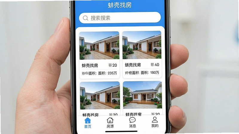 一张高清手机屏幕截图,显示蚌壳找房应用首页,顶部带有搜索框,中部为房源列表卡片,每张卡片展示户型、价格、面积等信息,底部导航栏包含“首页”“房源”“消息”“我的”四个图标,整体风格清新简约,主色调为蓝色与白色,画质清晰,干净无多余元素,文字“蚌壳找房”出现在顶部。