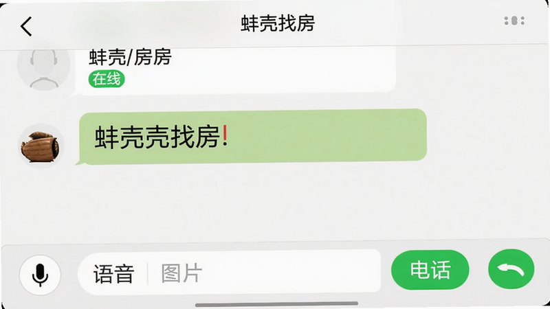 一张手机截图展示蚌壳找房的聊天界面,上方显示联系人名称与“在线”状态,下方输入框带有“语音”“图片”“电话”按钮,对话框中有一条最近消息,背景为白色,风格简约,文字“蚌壳找房”出现在标题栏。