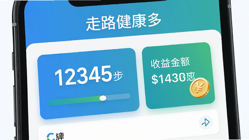 走路健康多APP截图中,步数计数器显示12345步,旁边对应收益金额,界面采用卡片式布局,色调以蓝色和绿色为主,主体是手机屏幕内展示,细节有步数进度条和金币图标,画质清晰干净,风格现代简洁,文字「走路健康多」出现在顶部。