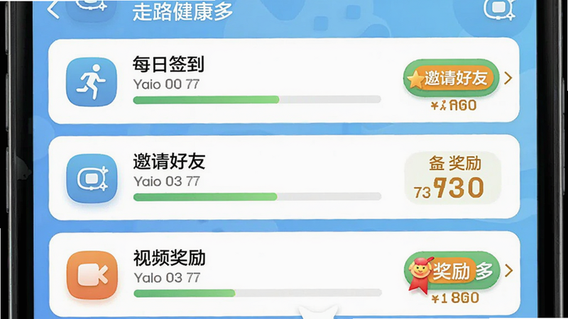 走路健康多任务列表界面,从上到下排列多个任务卡片,如「每日签到」「邀请好友」「视频奖励」,每个卡片有进度条和奖励数量,布局垂直滚动,风格清新,细节包括图标和按钮,画质干净,文字包含「走路健康多」和任务名称。