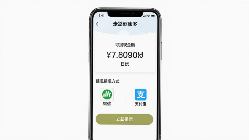 走路健康多提现页面,显示可提现金额和提现方式(微信、支付宝),界面简洁,主体为手机截图,布局居中,风格清爽,细节有金额数字和提现按钮,画质高清,文字「走路健康多」在顶部,无多余元素。