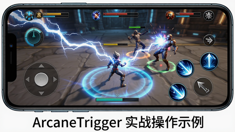 主体为一部手机横屏显示游戏战斗界面,左侧虚拟摇杆,右侧技能按钮排列整齐,画面中央角色正在释放雷电技能,敌人被击飞。布局采用手机屏幕截图风格,四周留白,背景为游戏内竞技场。风格写实,细节包含技能冷却光圈和血条UI。画质清晰锐利,无模糊,图片底部标注“ArcaneTrigger 实战操作示例”。