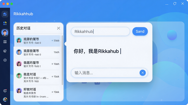 主体:Rikkahub软件主界面,中央显示一个对话框,背景为渐变蓝色。布局:对话框居中,顶部有输入框和发送按钮,左侧有历史对话列表。排版:简洁现代风格,圆角卡片设计。风格:扁平化+微拟物,色彩明快。细节:对话框中有