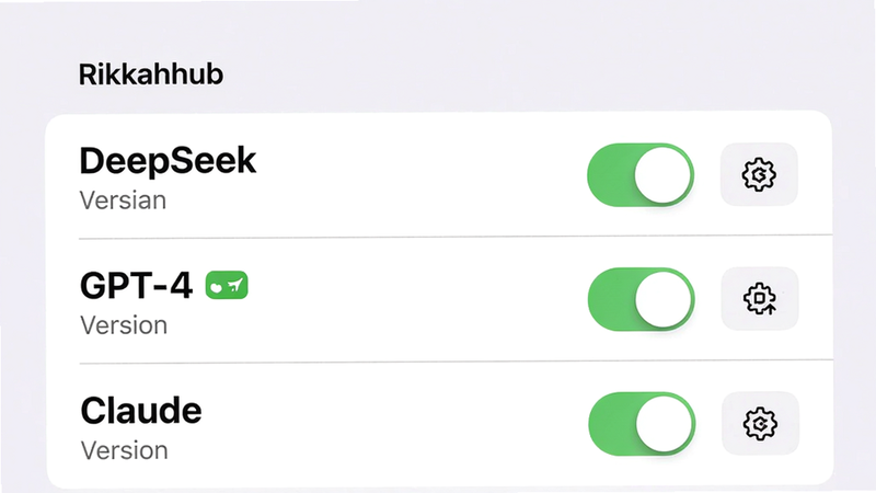 主体:Rikkahub设置页面展示模型列表,包含DeepSeek、GPT-4、Claude选项。布局:列表纵向排列,每个模型右侧有开关和配置按钮。排版:左对齐文字,模型名称加粗,版本号小字。风格:iOS风格设置界面,白色背景。细节:当前选中DeepSeek,显示绿色已连接标识。画质:高清,干净,无多余元素。