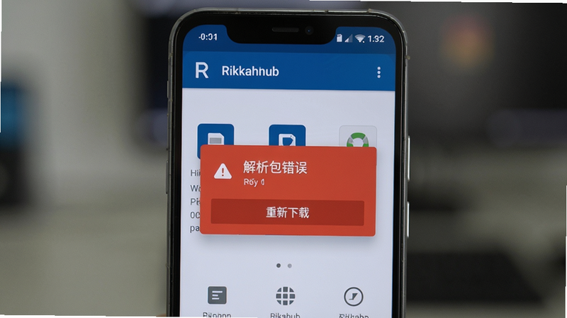 主体:一部安卓手机屏幕显示Rikkahub应用,界面中有一个红色警告弹窗“解析包错误”,下方有“重新下载”按钮。布局:手机居中,弹窗位于屏幕中央。排版:弹窗内容清晰可读。风格:真实手机截图风格。细节:手机边框可见,背景模糊。画质:高清,干净,无多余元素。