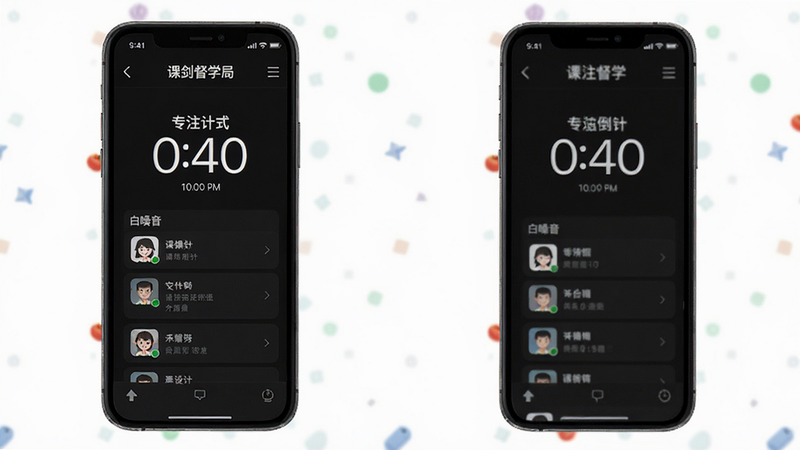课剑督学局 专注模式界面,模拟手机屏幕显示番茄钟倒计时、白噪音选择列表,深色背景,简约风格,画质细腻