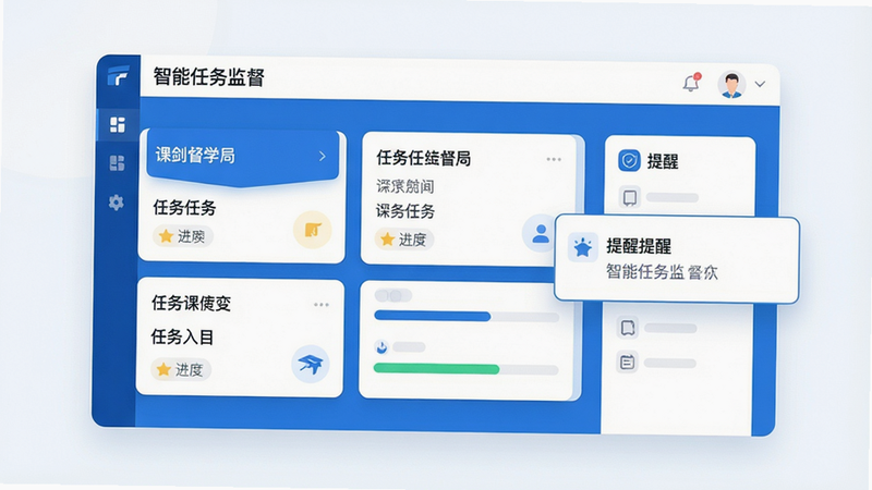 课剑督学局 智能任务监督界面,显示任务卡片、进度条、提醒弹窗,蓝色主色调,扁平化UI,高清画质,干净背景