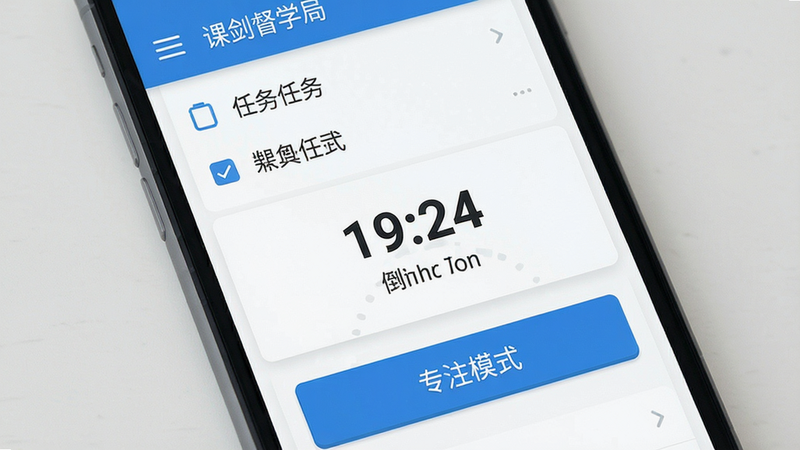 课剑督学局 软件主界面预览图,手机屏幕显示任务列表、倒计时、专注模式按钮,背景干净,扁平化设计,蓝白配色,画质清晰,无多余元素