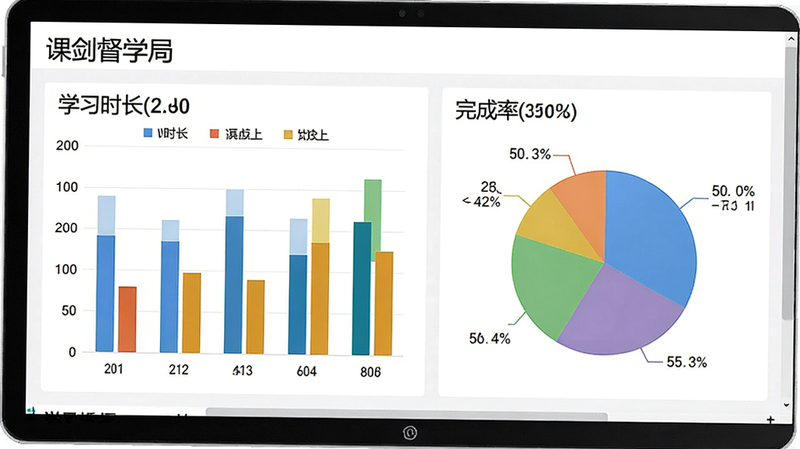 课剑督学局 数据统计界面,展示柱状图、饼图,显示学习时长、完成率,彩色图表,清晰排版,高清画质