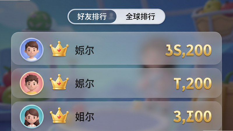 主体:欢乐果排行榜界面,用户头像和分数列表;布局:左侧头像,中间昵称,右侧分数;排版:顶部有“好友排行”和“全球排行”切换标签;风格:半透明磨砂背景;细节:前三名有皇冠徽标,分数用金色数字显示;画质:高清,干净无多余元素