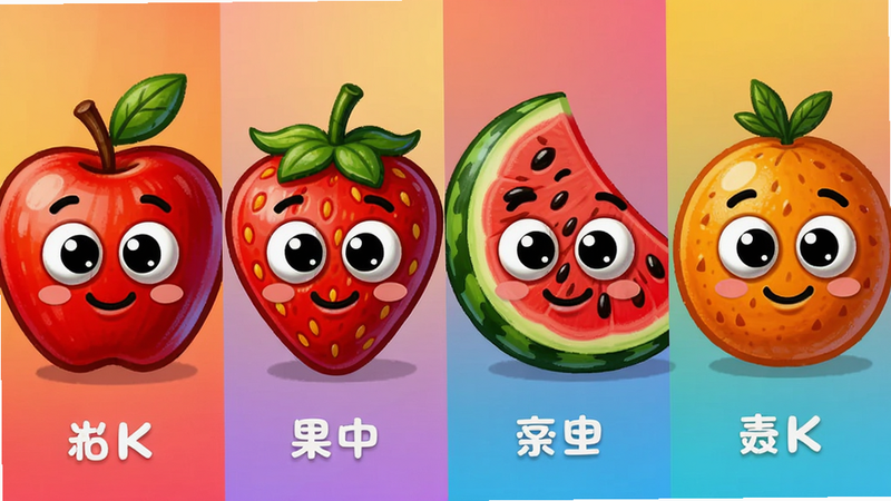 主体:欢乐果中不同水果角色的特写,苹果、草莓、西瓜等排成一排;布局:每个水果占一格,底部有角色名称;排版:角色居中,背景为渐变色;风格:手绘卡通,高饱和度;细节:水果眼睛大而萌,带有光影立体感;画质:4K渲染,干净无多余元素