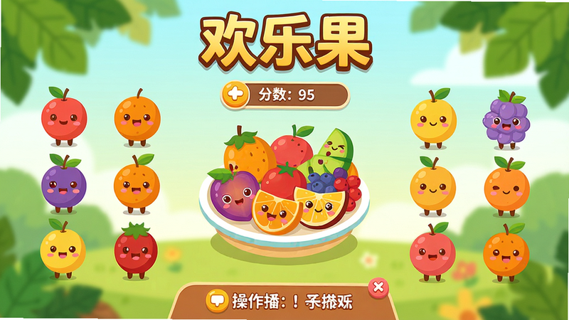 主体:欢乐果游戏主界面,色彩鲜艳的卡通水果角色排列整齐;布局:中央显示一个水果拼盘,四周有按钮和分数;排版:界面简洁,顶部标题“欢乐果”加粗,底部有操作指引;风格:扁平化插画风格,明亮暖色调;细节:水果上带有笑脸,背景有虚化的树叶;画质:高清,干净无多余元素