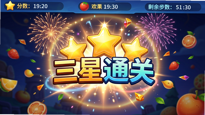 主体:欢乐果游戏运行中的截图,显示闯关成功特效;布局:中央有“三星通关”动画,周围有烟花和水果碎片;排版:顶部有分数和剩余步数;风格:动态特效,绚丽;细节:星星闪烁,背景有光晕;画质:4K超清,干净无多余元素