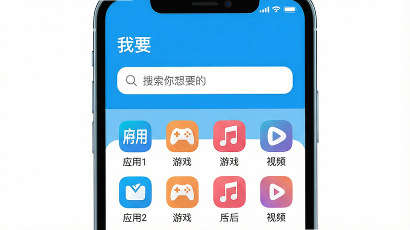 手机屏幕显示“我要”APP主界面,布局中心有搜索框,下方有应用、游戏、音乐、视频等分类图标,风格扁平化UI,明亮蓝色调,细节搜索框内显示“搜索你想要的”字样,画质高清干净无多余元素