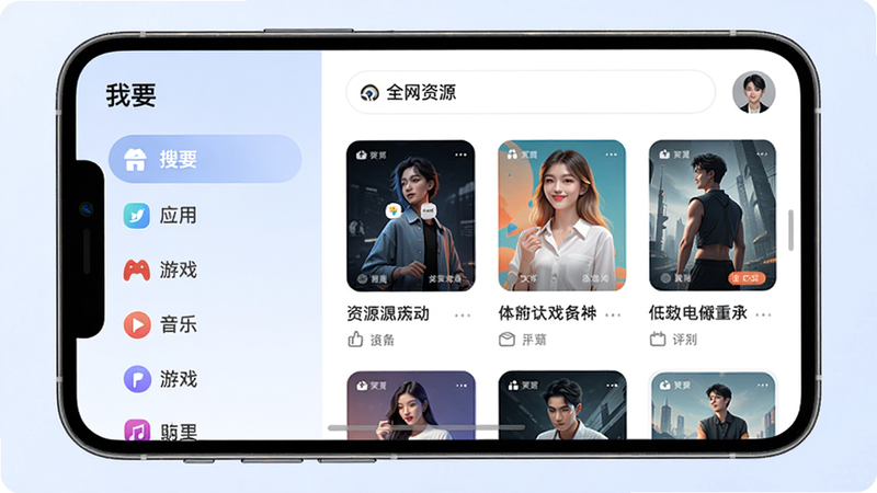 手机界面展示“我要”软件的资源分类列表,左侧边栏有应用、游戏、音乐等菜单,右侧显示搜索结果缩略图,风格现代简洁,配色柔和,细节有“全网资源”标题,画质清晰