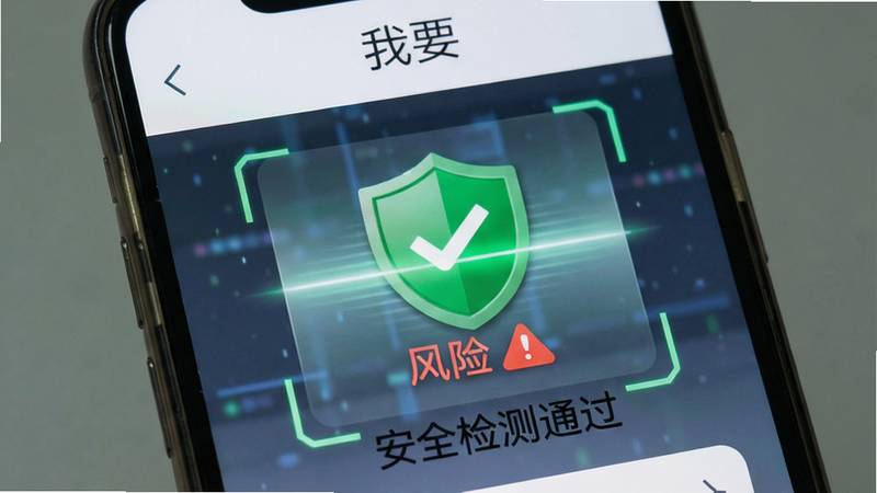 手机屏幕显示“我要”安全检测结果界面,绿色盾牌图标表示安全,红色警告表示风险,背景有扫描动画,风格安全严谨,细节有“安全检测通过”文字,画质清晰