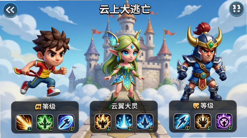 ���ϴ�������ɫѡ����棬չʾ������ͬ���ͽ�ɫ���������ꡢ�������顢����սʿ����ÿ����ɫ�·���ʾ�ȼ��ͼ���ͼ�꣬�������ƶ˳Ǳ�UI����ͨ��񣬲������룬ɫ�ʷḻ�����廭��