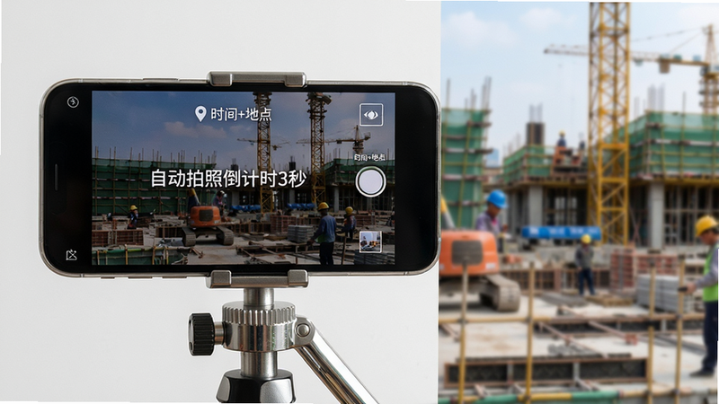主体:手机横屏固定在三角支架上,自动拍摄场景,布局:左侧显示手机屏幕上的“自动拍照倒计时3秒”提示,右侧是施工工地背景,排版:取景框内有“时间+地点”水印预览,风格:写实摄影风格,细节:支架金属质感、手机边缘反光,画质:4K细腻画质,干净无杂物