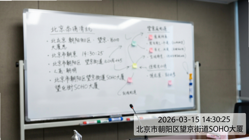 主体:一张带有水印的照片特写,布局:右下角水印显示“2026-03-15 14:30:25 北京市朝阳区望京街道SOHO大厦”,排版:水印半透明衬底,字体清晰,风格:商务证件照风格,细节:背景是会议室白板,画质:超清,无多余元素