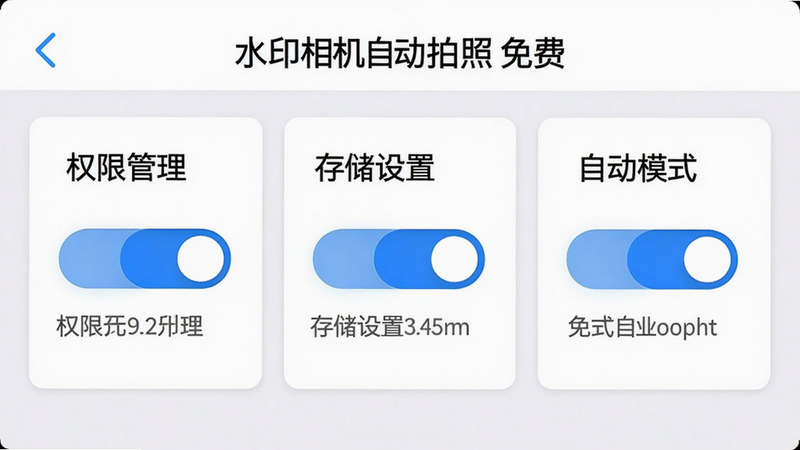 主体:手机界面显示“水印相机自动拍照免费”设置页面,布局:页面顶部有“权限管理”、“存储设置”、“自动模式”三个卡片,排版:卡片横向排列,每个卡片内含有开关和文字说明,风格:官方设置UI,细节:开关按钮为蓝色高亮,画质:超清,无多余元素