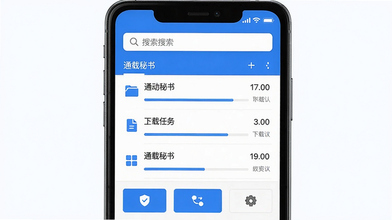 通载秘书是一款安卓文件下载管理工具,主体为手机屏幕中显示软件主界面,布局居中,上方有搜索栏,中部显示下载任务列表带进度条,下方有功能按钮,风格现代简洁,色彩以蓝白为主,画质高清干净无多余元素,文字标注“通载秘书”