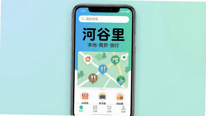 主体:手机屏幕展示河谷里APP主界面,顶部有搜索栏,中部是地图与周边商家图标,底部为功能导航栏。布局:居中构图,手机竖屏显示,背景为柔和渐变色。排版:大标题“河谷里”位于手机屏幕上方,字体为圆润黑体,下方有“本地商贸旅行”副标题。风格:扁平化UI设计,色彩以蓝绿渐变为主,配合白色元素,干净明亮。细节:地图上点缀小房子、餐馆、景区图标,屏幕边缘有轻微高光。画质:4K分辨率,超清质感,干净无多余元素。