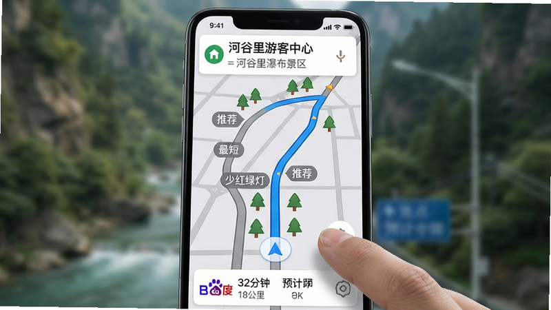 主体:一个放大的手机导航界面,显示从“河谷里游客中心”到“河谷里瀑布景区”的三条可选路线,路线上分别标注“推荐”“最短”“少红绿灯”。布局:手机居中,屏幕朝上,手指即将点击“推荐”按钮。排版:路线上方有起点终点文字,底部有预计时间和距离。风格:高德/百度地图风格,道路为浅灰色,推荐路线为蓝色粗线,其余为灰色。细节:道路两旁有树木图标,时间显示“32分钟 18公里”。画质:8K超清,真实光影,无多余文字干扰。