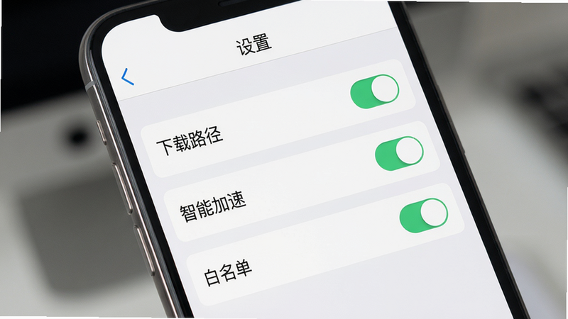 通载秘书使用指南界面,主体为手机屏幕上显示设置页面,布局清晰,有“下载路径”、“智能加速”、“白名单”等选项,风格简洁,细节包括开关按钮,画质高清干净,文字标注“设置”