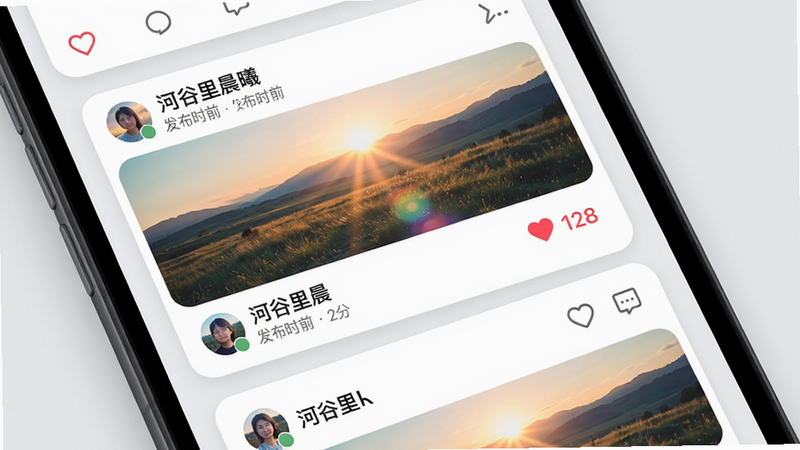 主体:手机屏幕展示社区瀑布流页面,第一条动态为“河谷里晨曦”照片,显示用户头像、昵称、发布时间,下方有爱心和评论图标。布局:列表式布局,上下滑动,背景为浅灰。排版:每条动态卡片有圆角,照片占宽2/3,文字描述在下方。风格:ins风格,简洁清新。细节:照片为真实风景,带有滤镜效果,点赞数字“128”为红色。画质:4K,干净无多余元素。