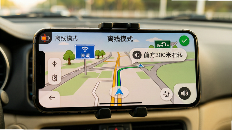 主体:手机横屏导航界面,显示离线地图已加载状态(绿色勾),中控台有语音播报图标。布局:手机固定在车载支架上,背景为车内真实环境模糊。排版:导航界面显示“离线模式”字样,语音图标旁边有“前方300米右转”文字气泡。风格:真实驾驶视角,色彩偏暖。细节:手机电量低图标闪烁,道路标志清晰。画质:高动态范围,无多余元素。