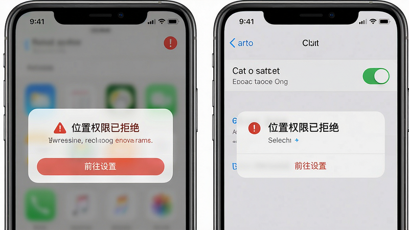 主体:两部手机并排,左手机显示“位置权限已拒绝”的红色警告弹窗,右手机显示设置页面中位置权限已开启的绿色开关。布局:左右对比,背景为纯白色。排版:弹窗文字清晰,下方有“前往设置”按钮。风格:真实系统截图风格。细节:状态栏显示时间,左屏有红色叹号图标。画质:高清,干净无多余元素。