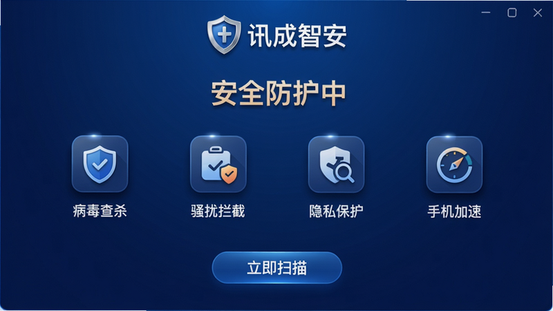 主体为“讯成智安”软件的主界面截图,布局采用居中对称,上方显示品牌Logo和“安全防护中”状态文字,中间为四大功能图标(病毒查杀、骚扰拦截、隐私保护、手机加速)并配有中文标签,底部为“立即扫描”按钮,背景为深蓝色渐变,风格现代科技感,细节包括图标阴影和高光,画质高清干净,无多余元素。